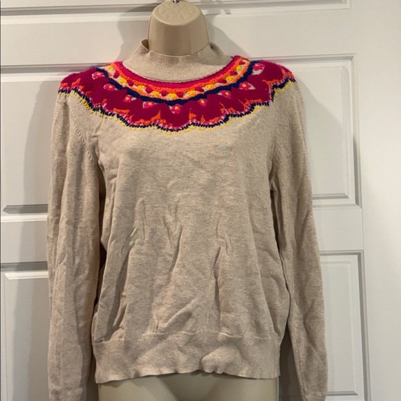 Cabi 4416 Winsome Oatmeal Beige Pink Embroidered Collar Pullover Sweater medium - Picture 3 of 7